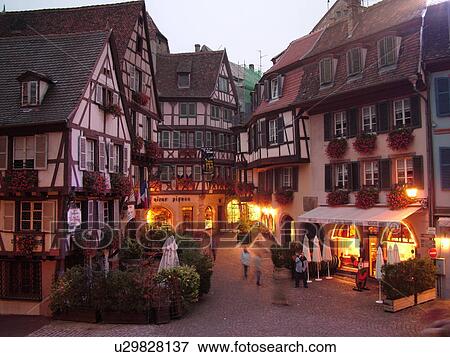 France, Europe, Alsace, Colmar, Haut-Rhin, L'Alsace Wine Region, Route du Vin, downtown, evening, half-timbered buildings View Large Photo Image Stock Photo - France, Europe, Alsace, Colmar, Haut-Rhin, L'Alsace Wine Region, Route du Vin, downtown, evening, half-timbered buildings. Fotosearch