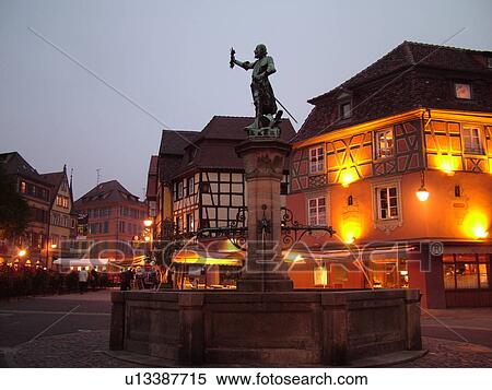 France, Europe, Alsace, Colmar, Haut-Rhin, L'Alsace Wine Region, Route du Vin, downtown, evening, half-timbered buildings, fountain View Large Photo Image Stock Photography - France, Europe, Alsace, Colmar, Haut-Rhin, L'Alsace Wine Region, Route du Vin, downtown, evening, half-timbered buildings, fountain. Fotosearch