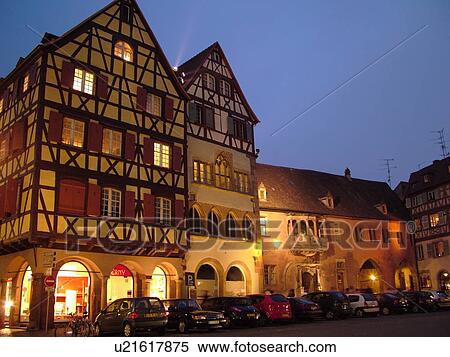 Stock Photography -  France, Europe, Alsace, Colmar, Haut-Rhin, L'Alsace Wine Region, Route du Vin, downtown, evening, half-timbered buildings. Fotosearch
