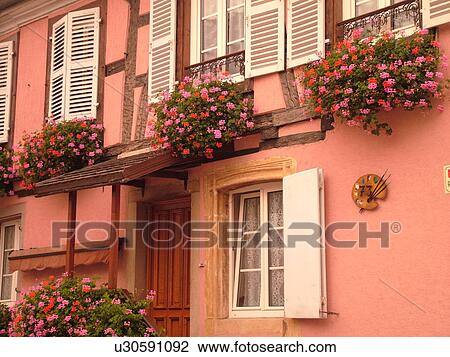 France, Europe, Alsace, Eguisheim, Haut-Rhin, L'Alsace Wine Region, Route du Vin, village, flowers decorate the front of a pink house View Large Photo Image Stock Image - France, Europe, Alsace, Eguisheim, Haut-Rhin, L'Alsace Wine Region, Route du Vin, village, flowers decorate the front of a pink house. Fotosearch