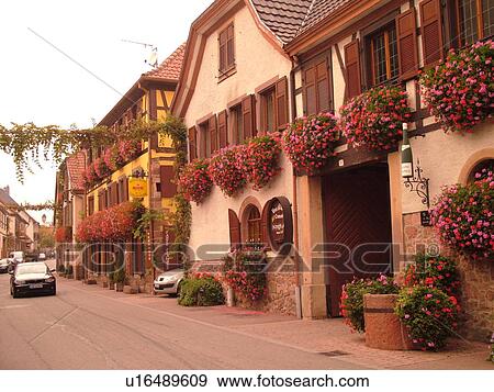 Stock Photo -  France, Europe, Alsace, Itterswiller, Bas-Rhin, L'Alsace Wine Region, Route du Vin, village, wine tasting, window boxes, flowers. Fotosearch