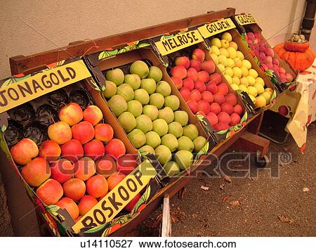 Stock Photo -  France, Europe, Alsace, Mittelwihr, Haut-Rhin, L'Alsace Wine Region, Route du Vin, farmers market, Gloster, Golden, Melrose, Jonagold, Roskoop apple. Fotosearch