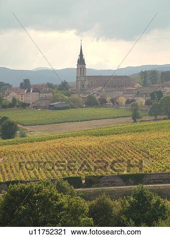 Stock Image -  France, Fleurie, Rhone-Alpes, Europe, Beaujolais Region, vineyards, wine producing region. Fotosearch