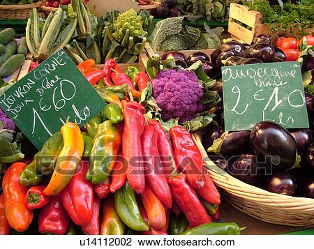 Stock Image -  France, Grenoble, Isere, Rhone-Alpes, Europe, downtown, farmers market, produce, food. Fotosearch
