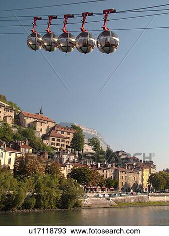 Stock Image -  France, Grenoble, Isere, Rhone-Alpes, Europe, Telepherique de la Bastille, gondola, Isere River. Fotosearch