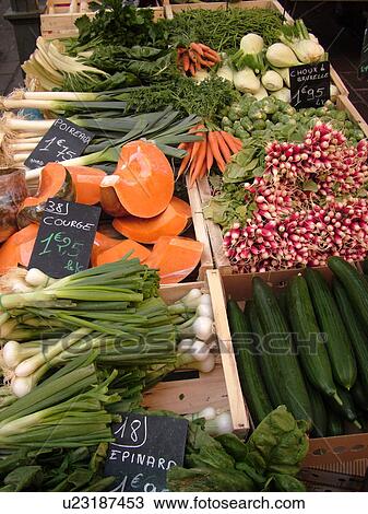 Stock Image -  France, Grenoble, Isere, Rhone-Alpes, Europe, downtown, farmers market, produce, food. Fotosearch