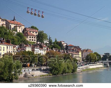 Stock Image -  France, Grenoble, Isere, Rhone-Alpes, Europe, Telepherique de la Bastille, gondola, Isere River. Fotosearch