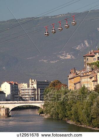France, Grenoble, Isere, Rhone-Alpes, Europe, Telepherique de la Bastille, gondola, Isere River View Large Photo Image Stock Photo - France, Grenoble, Isere, Rhone-Alpes, Europe, Telepherique de la Bastille, gondola, Isere River. Fotosearch