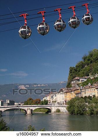 Stock Photo -  France, Grenoble, Isere, Rhone-Alpes, Europe, Telepherique de la Bastille, gondola. Fotosearch