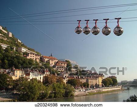 France, Grenoble, Isere, Rhone-Alpes, Europe, Telepherique de la Bastille, gondola, Isere River View Large Photo Image Stock Photo - France, Grenoble, Isere, Rhone-Alpes, Europe, Telepherique de la Bastille, gondola, Isere River. Fotosearch