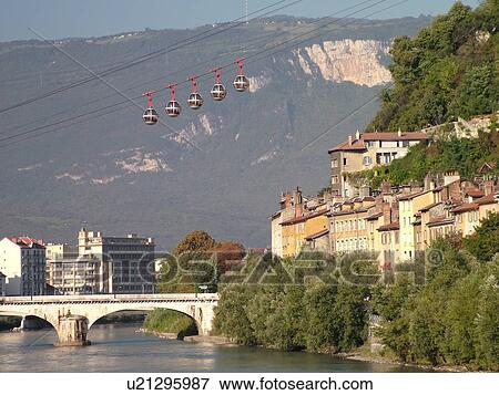 France, Grenoble, Isere, Rhone-Alpes, Europe, Telepherique de la Bastille, gondola, Isere River View Large Photo Image Stock Photo - France, Grenoble, Isere, Rhone-Alpes, Europe, Telepherique de la Bastille, gondola, Isere River. Fotosearch