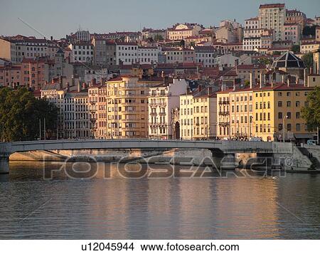 Picture -  France, Lyon, Rhone-Alpes, Europe, downtown, Saone River. Fotosearch