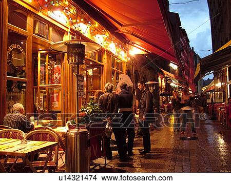 Picture -  France, Lyon, Rhone-Alpes, Europe, Vieux Lyon, downtown, outdoor cafT, restaurants, evening. Fotosearch