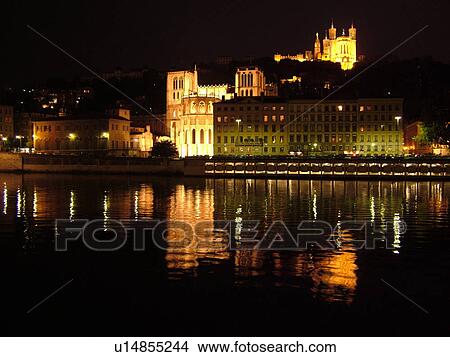 France, Lyon, Rhone-Alpes, Europe, Saone River, Cathedrale St Jean and Basilique Notre Dame de Fourviere, evening View Large Photo Image Picture - France, Lyon, Rhone-Alpes, Europe, Saone River, Cathedrale St Jean and Basilique Notre Dame de Fourviere, evening. Fotosearch