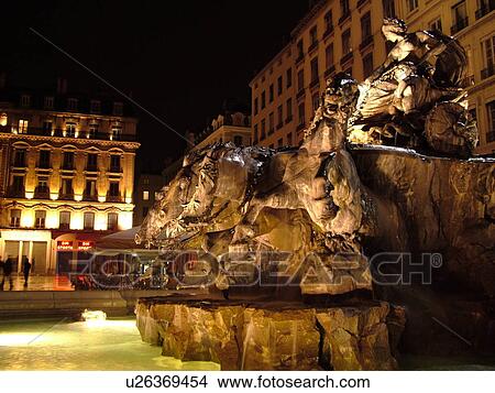 France, Lyon, Rhone-Alpes, Europe, downtown, 19th century fountain, four horses pulling the chariot, Place des Terreaux, evening, illuminated View Large Photo Image Picture - France, Lyon, Rhone-Alpes, Europe, downtown, 19th century fountain, four horses pulling the chariot, Place des Terreaux, evening, illuminated. Fotosearch