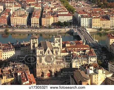 France, Lyon, Rhone-Alpes, Europe, Saone River, aerial view of downtown Lyon from Fourviere Hill, Cathedrale St Jean View Large Photo Image Stock Image - France, Lyon, Rhone-Alpes, Europe, Saone River, aerial view of downtown Lyon from Fourviere Hill, Cathedrale St Jean. Fotosearch