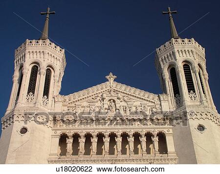Stock Image -  France, Lyon, Rhone-Alpes, Europe, Basilique Notre-Dame de Fourviere, fatade. Fotosearch