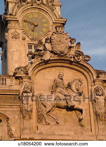 Stock Image -  France, Lyon, Rhone-Alpes, Europe, downtown, City Hall, Hotel de Ville, Clock Tower, Place des Terreaux. Fotosearch
