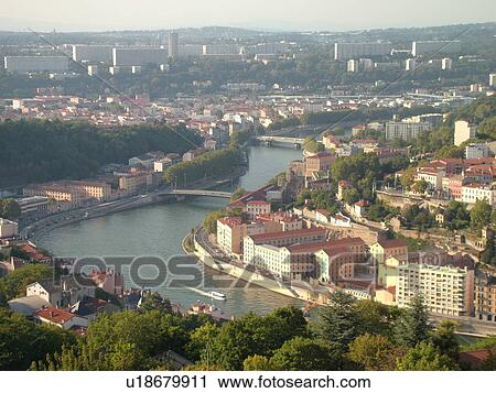 France, Lyon, Rhone-Alpes, Europe, Saone River, aerial view of downtown Lyon from Fourviere Hill View Large Photo Image Stock Image - France, Lyon, Rhone-Alpes, Europe, Saone River, aerial view of downtown Lyon from Fourviere Hill. Fotosearch