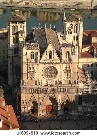 France, Lyon, Rhone-Alpes, Europe, Saone River, aerial view of Cathedrale St Jean from Fourviere Hill View Large Photo Image Stock Photo - France, Lyon, Rhone-Alpes, Europe, Saone River, aerial view of Cathedrale St Jean from Fourviere Hill. Fotosearch
