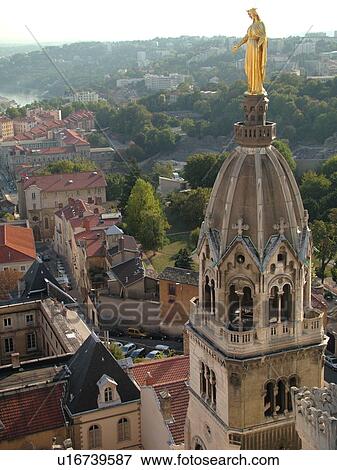 Stock Photo -  France, Lyon, Rhone-Alpes, Europe, Basilique Notre-Dame de Fourviere, steeple. Fotosearch