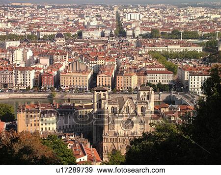 France, Lyon, Rhone-Alpes, Europe, aerial view of downtown Lyon from Fourviere Hill View Large Photo Image Stock Photo - France, Lyon, Rhone-Alpes, Europe, aerial view of downtown Lyon from Fourviere Hill. Fotosearch