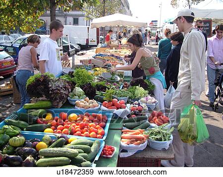 Stock Photo -  France, Lyon, Rhone-Alpes, Europe, downtown, City Market, people shopping, produce. Fotosearch