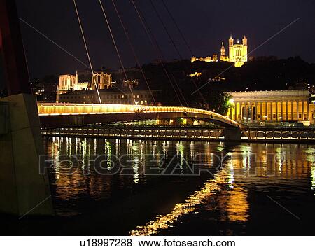France, Lyon, Rhone-Alpes, Europe, Palais de Justice, Saone River, Basilique Notre-Dame de Fourviere, pedestrian bridge, evening, illuminated View Large Photo Image Stock Photo - France, Lyon, Rhone-Alpes, Europe, Palais de Justice, Saone River, Basilique Notre-Dame de Fourviere, pedestrian bridge, evening, illuminated. Fotosearch