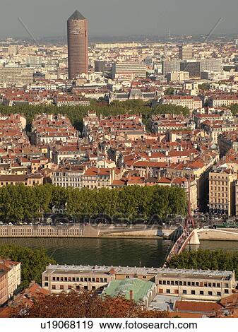France, Lyon, Rhone-Alpes, Europe, Saone River, aerial view of downtown Lyon from Fourviere Hill, La Part Dieu, Credit Lyonnais Building View Large Photo Image Stock Photo - France, Lyon, Rhone-Alpes, Europe, Saone River, aerial view of downtown Lyon from Fourviere Hill, La Part Dieu, Credit Lyonnais Building. Fotosearch