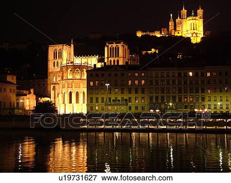 France, Lyon, Rhone-Alpes, Europe, Saone River, Cathedrale St Jean and Basilique Notre Dame de Fourviere, evening View Large Photo Image Stock Photo - France, Lyon, Rhone-Alpes, Europe, Saone River, Cathedrale St Jean and Basilique Notre Dame de Fourviere, evening. Fotosearch