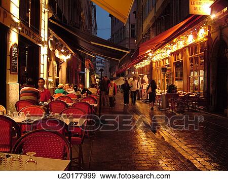 France, Lyon, Rhone-Alpes, Europe, Vieux Lyon, downtown, outdoor cafT, restaurants, evening View Large Photo Image Stock Photo - France, Lyon, Rhone-Alpes, Europe, Vieux Lyon, downtown, outdoor cafT, restaurants, evening. Fotosearch