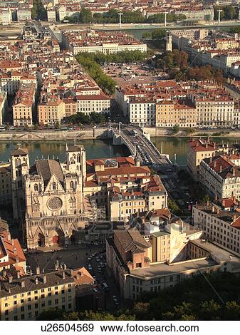 Stock Photo -  France, Lyon, Rhone-Alpes, Europe, Saone River, aerial view of downtown Lyon from Fourviere Hill, Cathedrale St Jean. Fotosearch