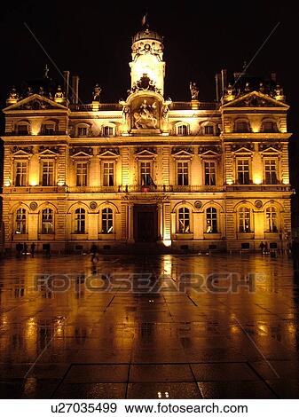 France, Lyon, Rhone-Alpes, Europe, downtown, City Hall, Hotel de Ville, Place des Terreaux, evening, illuminated View Large Photo Image Stock Photo - France, Lyon, Rhone-Alpes, Europe, downtown, City Hall, Hotel de Ville, Place des Terreaux, evening, illuminated. Fotosearch