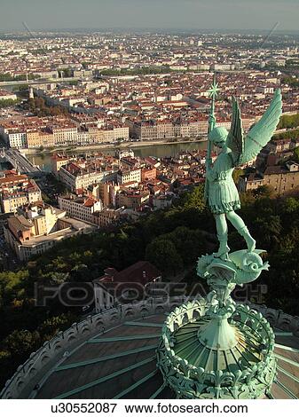 France, Lyon, Rhone-Alpes, Europe, Saone River, aerial view of downtown Lyon from Fourviere Hill, religious statue View Large Photo Image Stock Photo - France, Lyon, Rhone-Alpes, Europe, Saone River, aerial view of downtown Lyon from Fourviere Hill, religious statue. Fotosearch