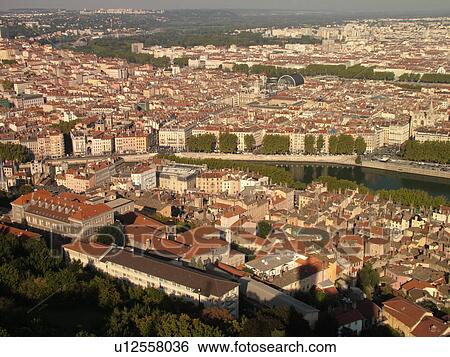 France, Lyon, Rhone-Alpes, Europe, Saone River, aerial view of downtown Lyon from Fourviere Hill View Large Photo Image Stock Photograph - France, Lyon, Rhone-Alpes, Europe, Saone River, aerial view of downtown Lyon from Fourviere Hill. Fotosearch