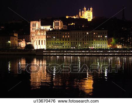 France, Lyon, Rhone-Alpes, Europe, Saone River, Cathedrale St Jean and Basilique Notre Dame de Fourviere, evening View Large Photo Image Stock Photograph - France, Lyon, Rhone-Alpes, Europe, Saone River, Cathedrale St Jean and Basilique Notre Dame de Fourviere, evening. Fotosearch
