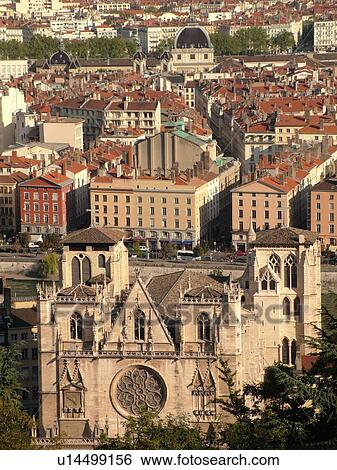 France, Lyon, Rhone-Alpes, Europe, aerial view of downtown Lyon from Fourviere Hill, Cathedrale St Jean View Large Photo Image Stock Photograph - France, Lyon, Rhone-Alpes, Europe, aerial view of downtown Lyon from Fourviere Hill, Cathedrale St Jean . Fotosearch