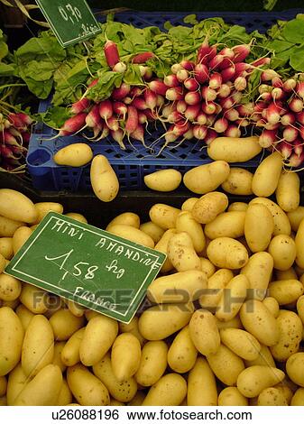 Stock Photograph -  France, Lyon, Rhone-Alpes, Europe, downtown, City Market, radishes, potatoes. Fotosearch