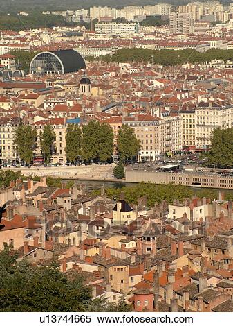 France, Lyon, Rhone-Alpes, Europe, aerial view of downtown Lyon from Fourviere Hill View Large Photo Image Stock Photography - France, Lyon, Rhone-Alpes, Europe, aerial view of downtown Lyon from Fourviere Hill. Fotosearch