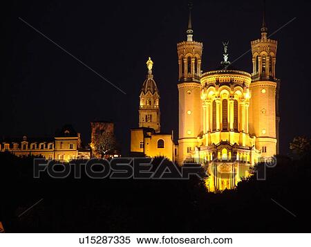 France, Lyon, Rhone-Alpes, Europe, Basilique Notre-Dame de Fourviere, evening, illuminated View Large Photo Image Stock Photography - France, Lyon, Rhone-Alpes, Europe, Basilique Notre-Dame de Fourviere, evening, illuminated. Fotosearch