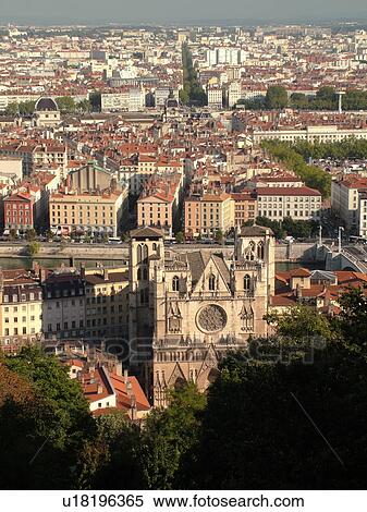 Stock Photography -  France, Lyon, Rhone-Alpes, Europe, aerial view of downtown Lyon from Fourviere Hill. Fotosearch