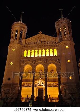 Stock Photography -  France, Lyon, Rhone-Alpes, Europe, Basilique Notre-Dame de Fourviere, evening. Fotosearch