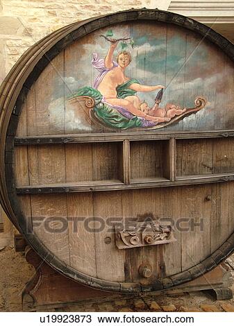 Stock Image -  France, Pommard, Burgundy, Cote de Beaune, Cote d'Or, Europe, Burgundy Wine Region, Chateau de Pommard, wine barrel. Fotosearch