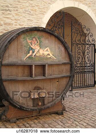 Stock Photo -  France, Pommard, Burgundy, Cote de Beaune, Cote d'Or, Europe, Burgundy Wine Region, Chateau de Pommard, wine barrel. Fotosearch