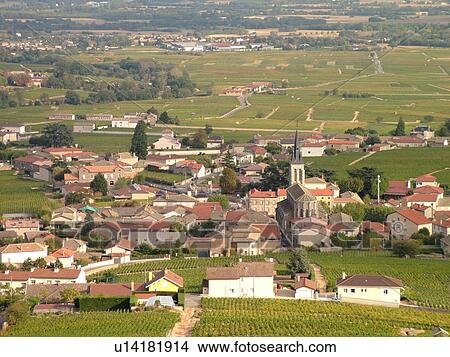 Picture -  France, Rhone-Alpes, Europe, Saonne et Loire, Beaujolais Region, village, vineyards, wine producing region. Fotosearch