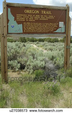 Stock Image -  ID, Idaho, Oregon Trail, wooden sign, historical marker. Fotosearch