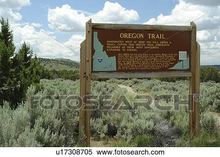 Stock Photography -  ID, Idaho, Oregon Trail, wooden sign, historical marker. Fotosearch