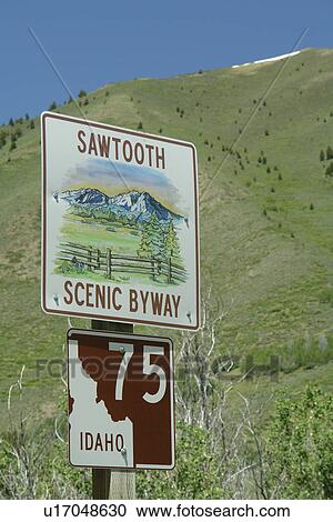 Stock Image -  ID, Idaho, Sawtooth National Recreation Area, Sawtooth National Forest, Rt. 75, scenic route, byway, road sign. Fotosearch
