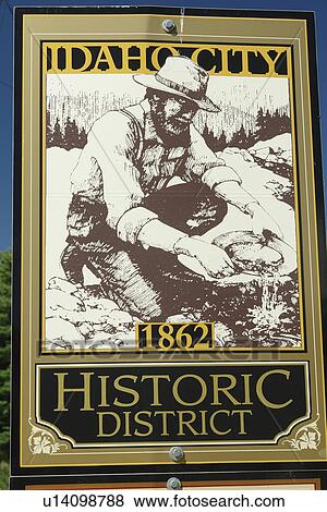 Stock Photo -  Idaho City, ID, Idaho, Ponderosa Pine Scenic Byway, Gold Mining Town, posted sign, Historic District 1862. Fotosearch