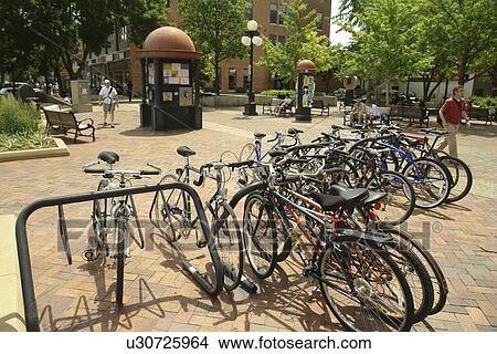 Iowa City, IA, Iowa, downtown, university town, bikes, bike rack View Large Photo Image Picture - Iowa City, IA, Iowa, downtown, university town, bikes, bike rack. Fotosearch